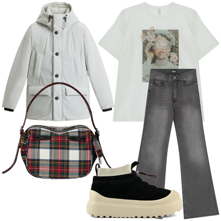Outfit donna - E piove. Stile Casual per Tutti i giorni. Abbinamento con t-shirt, jeans a zampa, borse a mano, parka, stivaletti.