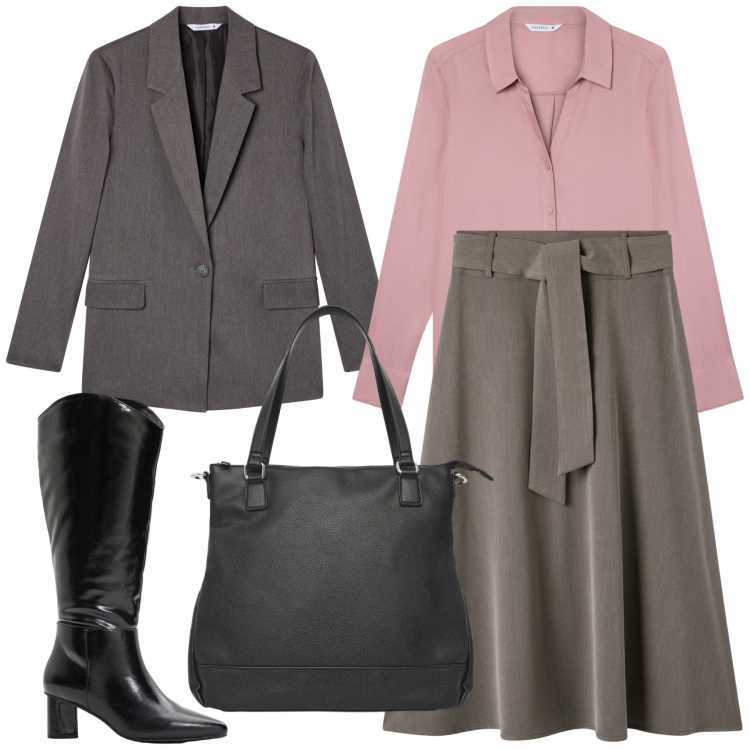 Outfit donna - Ufficio al lunedì. Stile Urban per Ufficio. Abbinamento con stivali, gonne lunghe, shopping bag, camicie, blazer.
