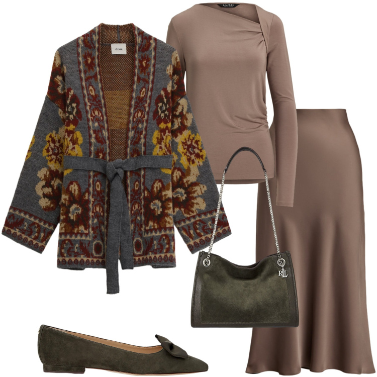 Outfit donna - Il mese del cardigan. Stile Casual chic per Serata fuori. Abbinamento con cardigans, gonne, top, ballerine, borse tote.