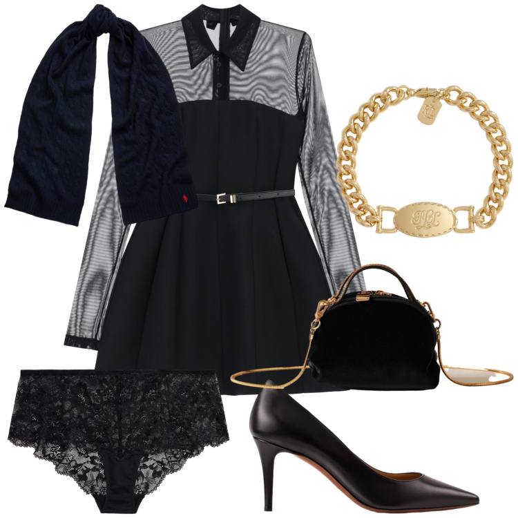 Outfit donna - Cocktail alle 18. Stile Chic per Serata fuori. Abbinamento con vestiti corti, borse a mano, sciarpe, décolleté, braccialetti, culotte.