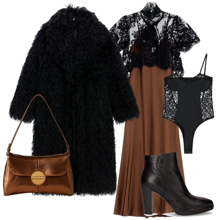 Outfit donna - Glamour a novembre. Stile Glamour per Serata fuori. Abbinamento con vestiti lunghi, cappotti, borse a tracolla, body, stivaletti.