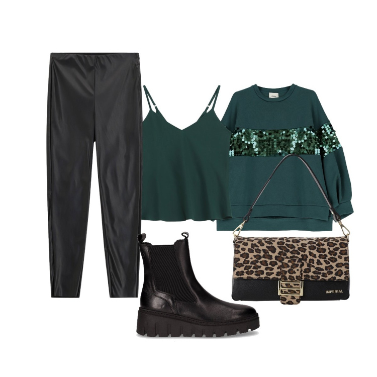 Outfit donna - Serata Glam a casa di amici. Stile Glamour per Serata fuori. Abbinamento con borse a spalla, pantaloni skinny, felpe, top, stivaletti chelsea.