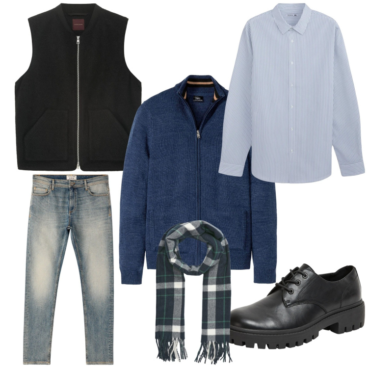 Outfit uomo - Casual in ufficio. Stile Casual Abbinamento con cardigans, scarpe stringate, camicie, jeans skinny, sciarpe, piumini.