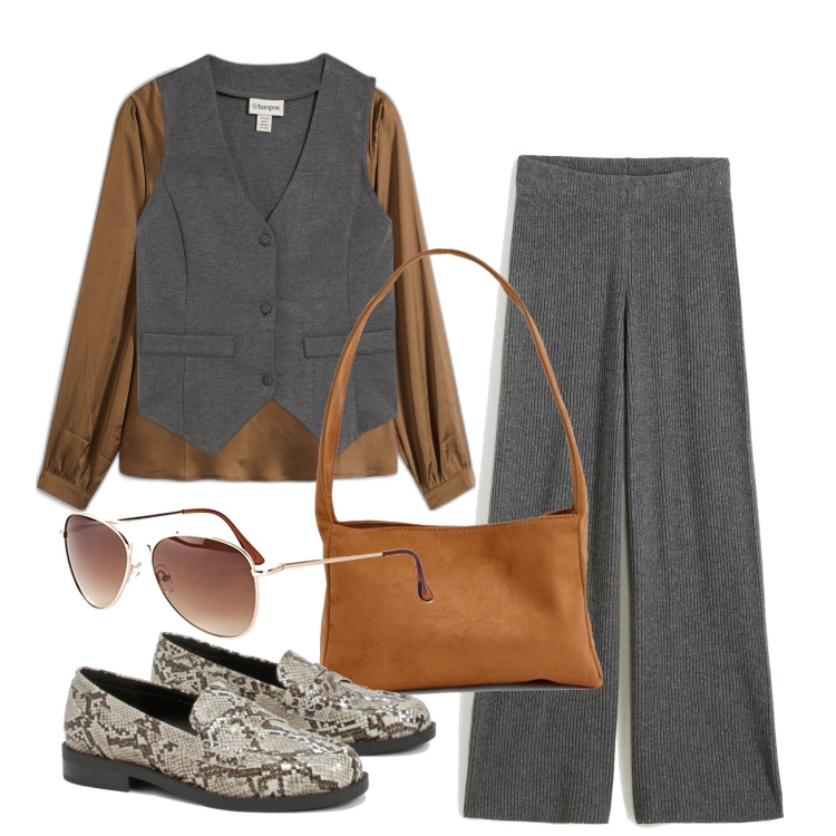 Outfit femme - Novembre. Style Tendance pour Tous les jours. Assortir avec pantalon large en bas, tuniques, pulls, lunettes de soleil, mocassins, sacs à main.