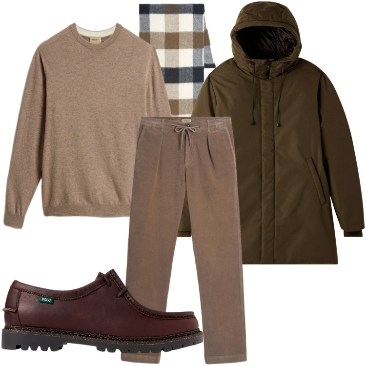 Outfit uomo - Look smart casual. Stile Casual per Ufficio. Abbinamento con parka, scarpe stringate, pantaloni, sciarpe, maglieria.