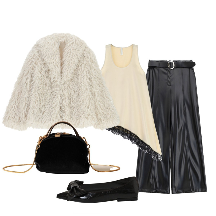 Outfit donna - Glam a novembre con IMPERIAL. Stile Glamour per Serata fuori. Abbinamento con ballerine, pantaloni, ecopellicce, top, borse a mano.