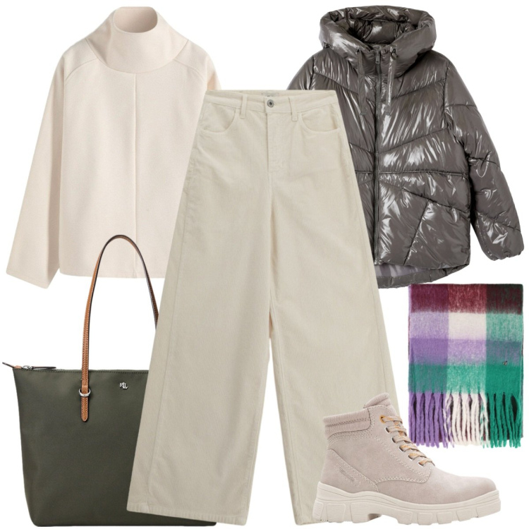 Outfit donna - Cozy e Chic. Stile Casual chic per Tutti i giorni. Abbinamento con maglieria, stivaletti, bomber, pantaloni a palazzo, sciarpe, borse tote.