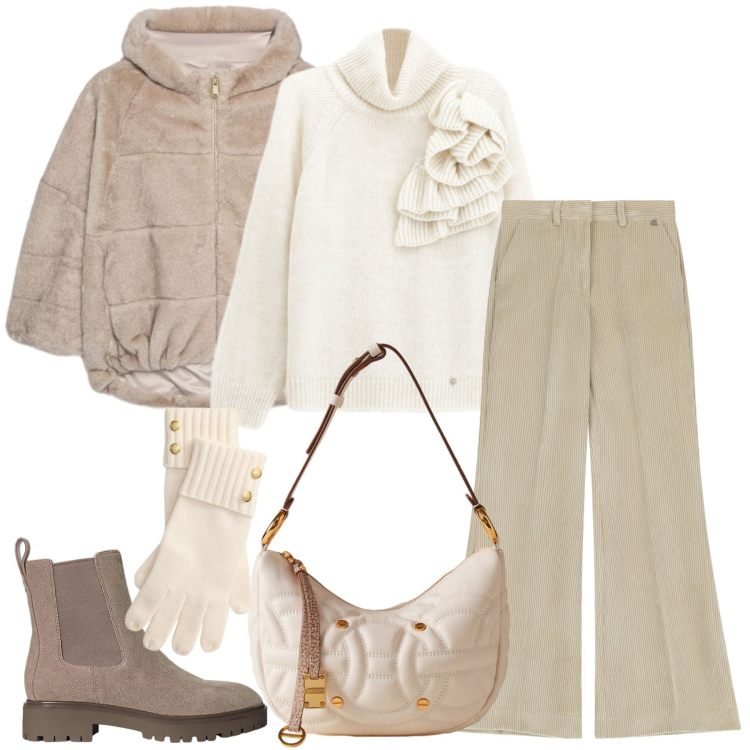 Outfit donna - Cozy & Chic. Stile Casual chic per Tutti i giorni. Abbinamento con maglieria, borse a spalla, pantaloni a palazzo, stivaletti chelsea, guanti, ecopellicce.