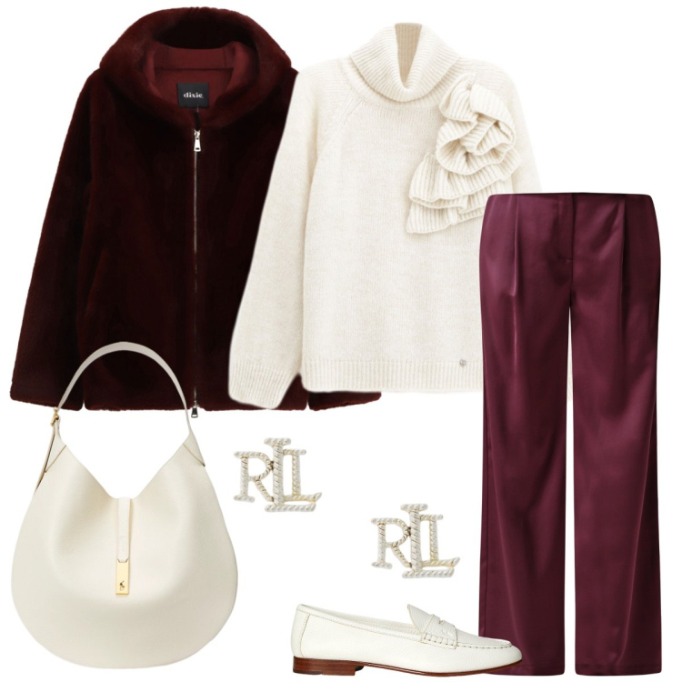 Outfit donna - In città. Stile Casual chic per Tutti i giorni. Abbinamento con pantaloni a palazzo, maglieria, pantaloni, orecchini, borse a spalla, mocassini.