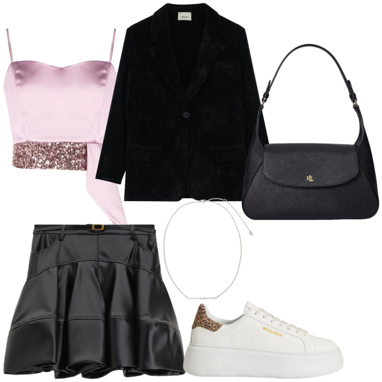 Outfit donna - Casual. Stile Casual Abbinamento con top, minigonne, blazer, borse a spalla, collane, sneakers.