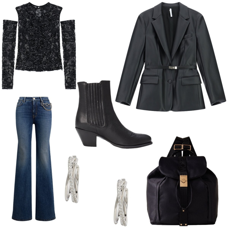 Outfit donna - Libertà. Stile Casual chic per Tutti i giorni. Abbinamento con top, blazer, zaini, orecchini, jeans dritti, stivaletti texani.