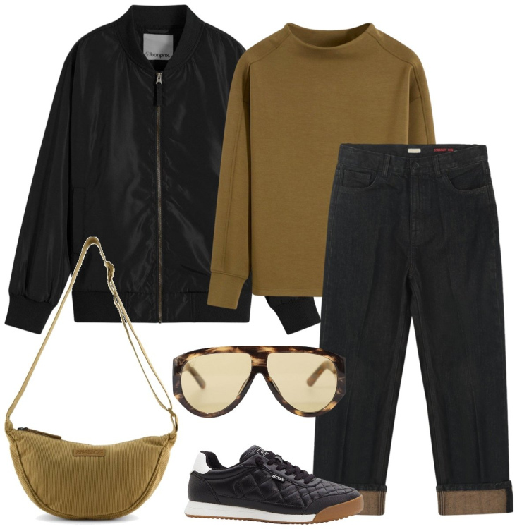 Outfit donna - Università. Stile Urban per Scuola/Università. Abbinamento con bomber, sneakers, felpe, occhiali da sole, jeans dritti, borse a tracolla.