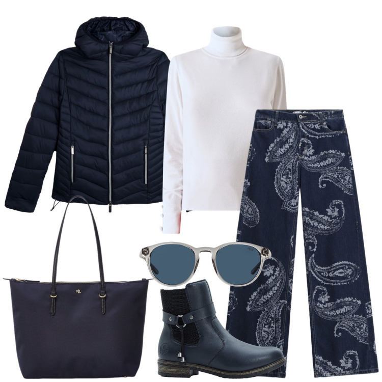Outfit donna - Ricami. Stile Casual chic per Tutti i giorni. Abbinamento con stivaletti chelsea, jeans, maglieria, piumini, occhiali da sole, borse tote.