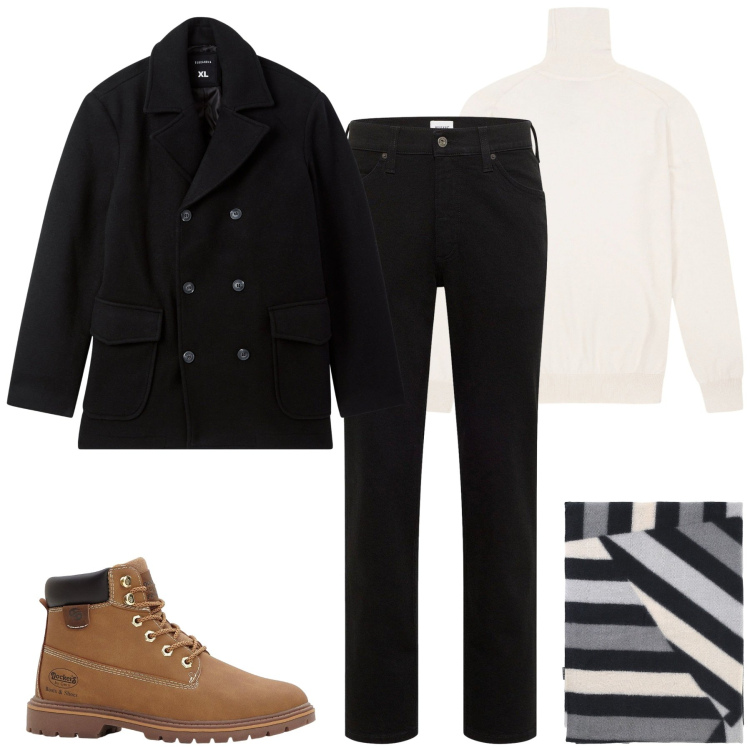 Outfit uomo - City. Stile Urban per Tutti i giorni. Abbinamento con jeans dritti, stivali e stivaletti, caban, sciarpe, maglieria.