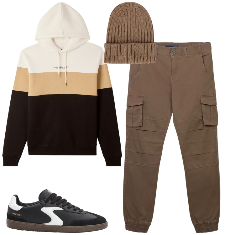 Outfit uomo - Novembre. Stile Casual per Tutti i giorni. Abbinamento con sneakers, pantaloni cargo, felpe con cappuccio, berretti.