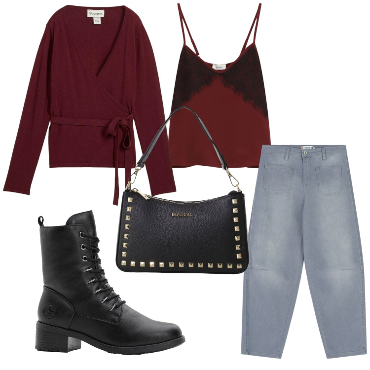 Outfit donna - Shopping in centro. Stile Casual chic per Tutti i giorni. Abbinamento con cardigans, stivaletti, jeans, pochette, top.