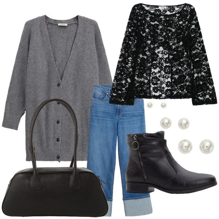 Outfit donna - Il mese del cardigan. Stile Basic per Ufficio. Abbinamento con jeans dritti, stivaletti, top, borse a mano, cardigans, orecchini.