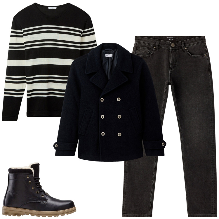 Outfit uomo - Novembre. Stile Casual per Tutti i giorni. Abbinamento con stivali e stivaletti, cappotti, maglieria, jeans.