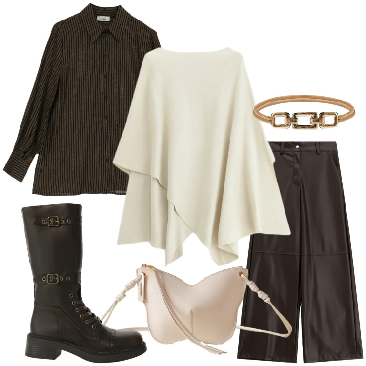 Outfit donna - Glamour per novembre. Stile Casual chic per Serata fuori. Abbinamento con maglieria, cinture, stivali, pantaloni a palazzo, camicie, borse a tracolla.