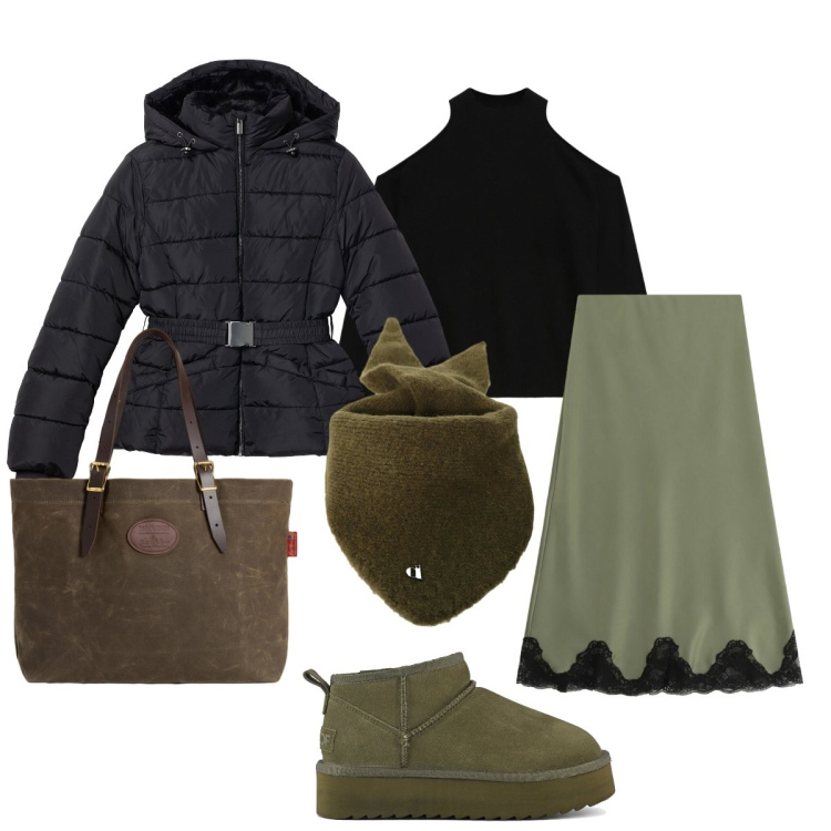 Outfit donna - In giro per negozi. Stile Bon Ton per Tutti i giorni. Abbinamento con piumini, maglieria, gonne lunghe, foulard, borse tote, stivaletti.