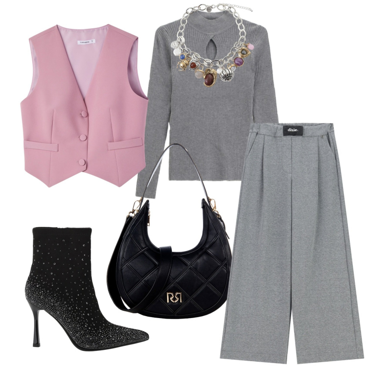 Outfit donna - Una serata speciale. Stile Glamour per Serata fuori. Abbinamento con borse a tracolla, gilet, maglieria, stivaletti, braccialetti con ciondoli, pantaloni a palazzo.