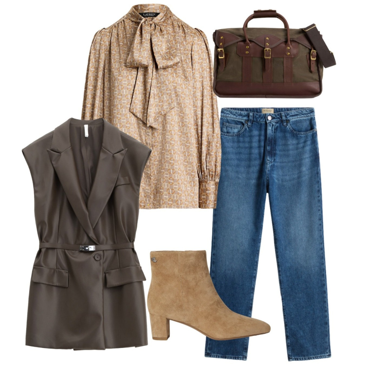 Outfit donna - Una camicia da miss. Stile Bon Ton per Tutti i giorni. Abbinamento con gilet, stivaletti, camicie, borse a tracolla, jeans.