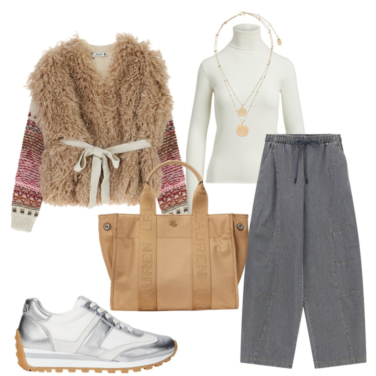 Outfit donna - Primi freddi con stile. Stile Glamour per Tutti i giorni. Abbinamento con maglieria, pantaloni a palazzo, ciondoli, borse tote, sneakers, maglieria.