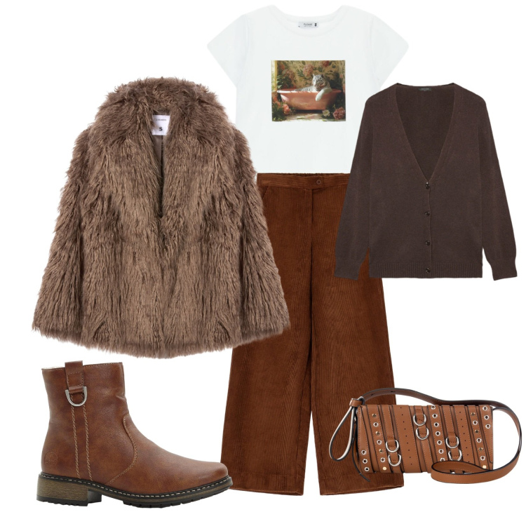 Outfit donna - Total look #2287257. Stile Urban per Tutti i giorni. Abbinamento con stivaletti, t-shirt, borse a spalla, ecopellicce, pantaloni a palazzo, cardigans.