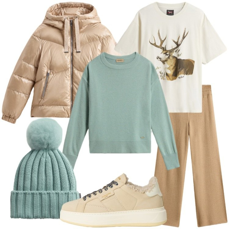 Outfit donna - Woolrich - Black Friday. Stile Casual per Tutti i giorni. Abbinamento con berretti, sneakers, pantaloni, maglieria, t-shirt, piumini.