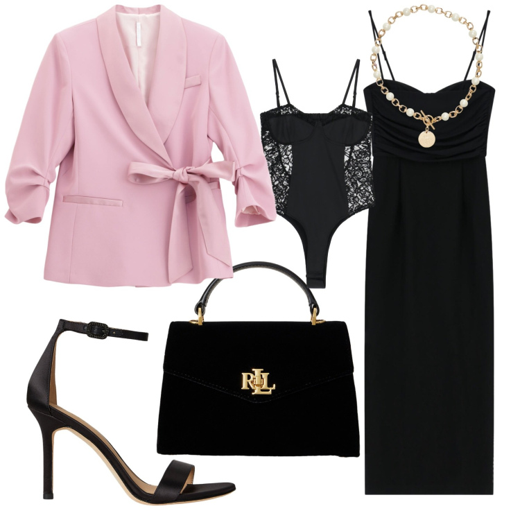 Outfit donna - Serata da primadonna. Stile Chic per Serata fuori. Abbinamento con vestiti midi/longuette, blazer, body, collane, sandali col tacco, borse a mano.