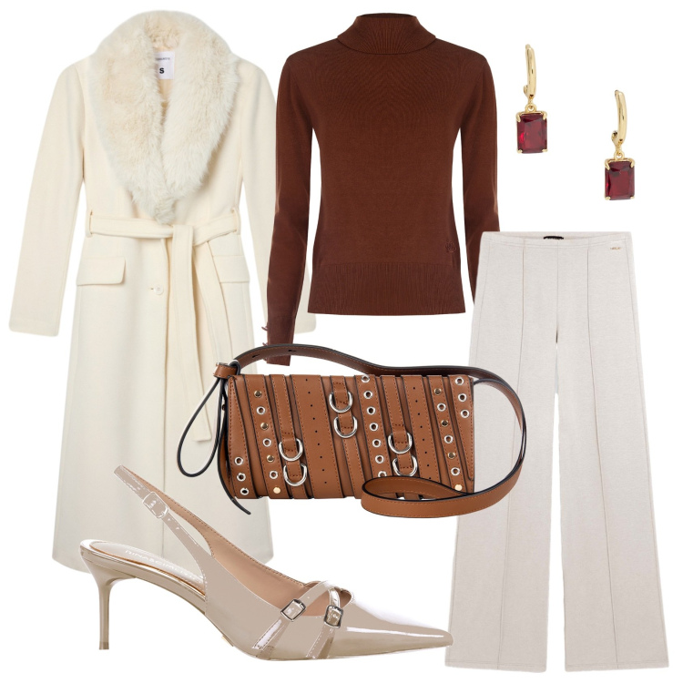 Outfit donna - Chic per le vie dello shopping. Stile Chic per Tutti i giorni. Abbinamento con pullovers, borse a spalla, décolleté, cappotti, pantaloni, orecchini.