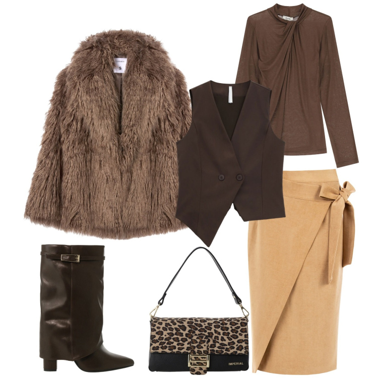 Outfit donna - Total look #2287264. Stile Chic per Serata fuori. Abbinamento con gonne longuette, ecopellicce, stivali, gilet, borse a spalla, top.