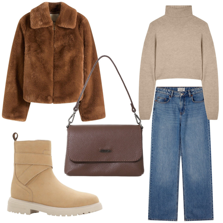 Outfit donna - Weekend in campagna. Stile Casual chic per Tutti i giorni. Abbinamento con ecopellicce, stivaletti, maglieria, jeans, borse a tracolla.