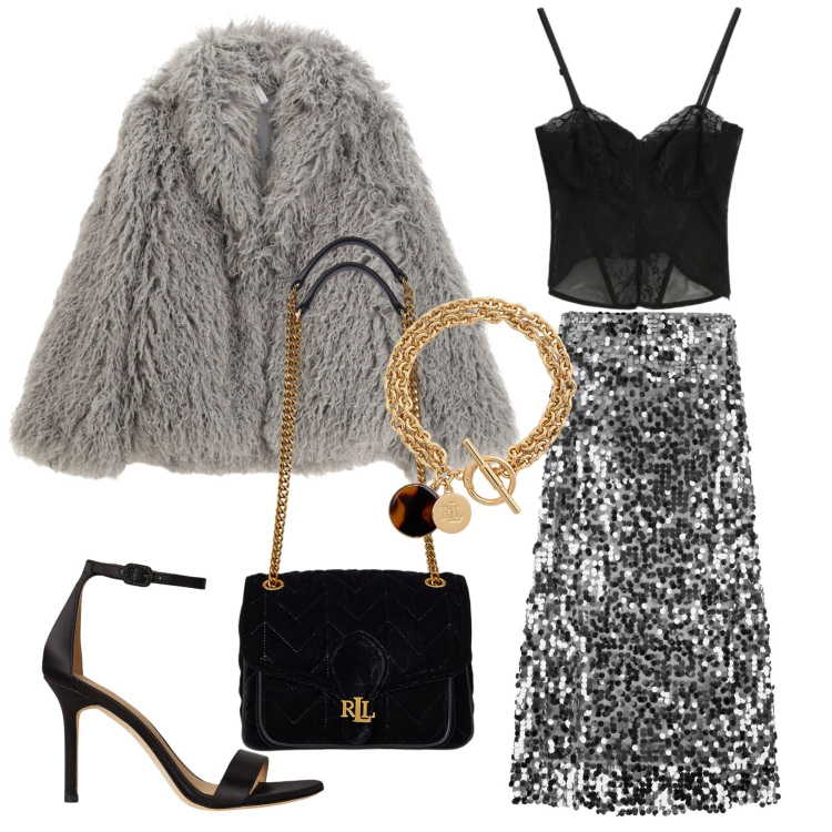 Outfit donna - Serata scintillante. Stile Glamour per Serata fuori. Abbinamento con ecopellicce, gonne lunghe, top, borse a spalla, braccialetti con ciondoli, sandali col tacco.
