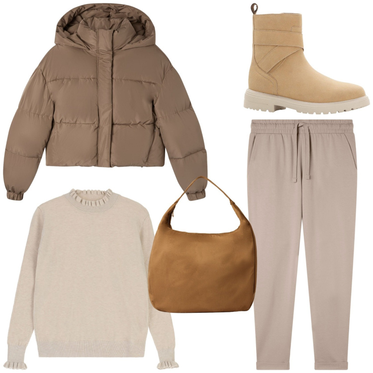 Outfit donna - Weekend fuori porta. Stile Casual per Tutti i giorni. Abbinamento con stivaletti, borse a mano, bomber, pantaloni, maglieria.