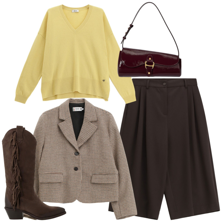 Outfit donna - Il giacchino corto. Stile Bon Ton per Tutti i giorni. Abbinamento con blazer, shorts, stivali, maglieria, borse a spalla.