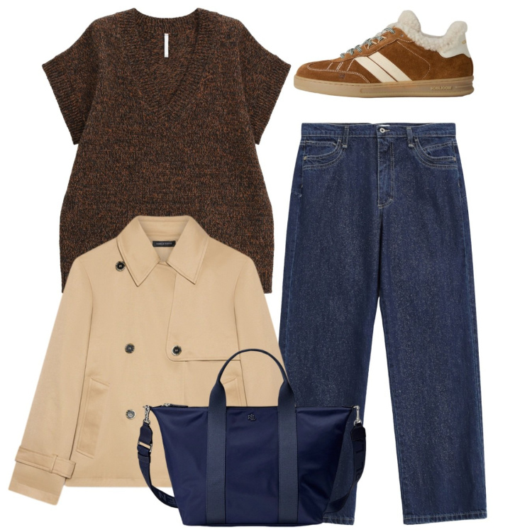 Outfit donna - Pull melange. Stile Bon Ton per Tutti i giorni. Abbinamento con jeans dritti, maglieria, borse tote, sneakers, trench.