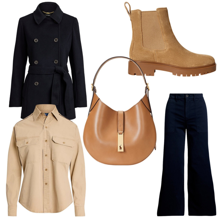 Outfit donna - Appuntamento di lavoro. Stile Casual chic per Ufficio. Abbinamento con borse a spalla, camicie, pantaloni, stivaletti chelsea, cappotti.