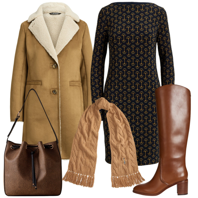 Outfit donna - Tubino fantasia. Stile Bon Ton per Ufficio. Abbinamento con borse a secchiello, stivali, cappotti, sciarpe, vestiti.