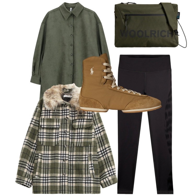 Outfit donna - Fine settimana. Stile Basic per Tutti i giorni. Abbinamento con cappotti, camicie, leggings, stivaletti, borse a tracolla.