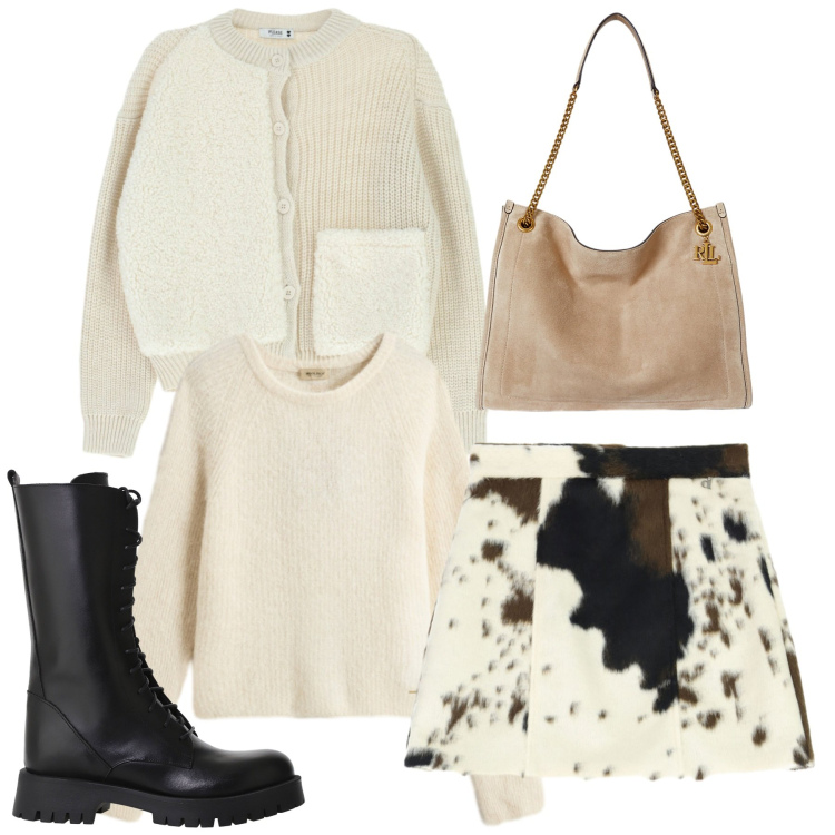 Outfit donna - Cow skirt. Stile Bon Ton per Tutti i giorni. Abbinamento con cardigans, minigonne, stivali, borse tote, maglieria.
