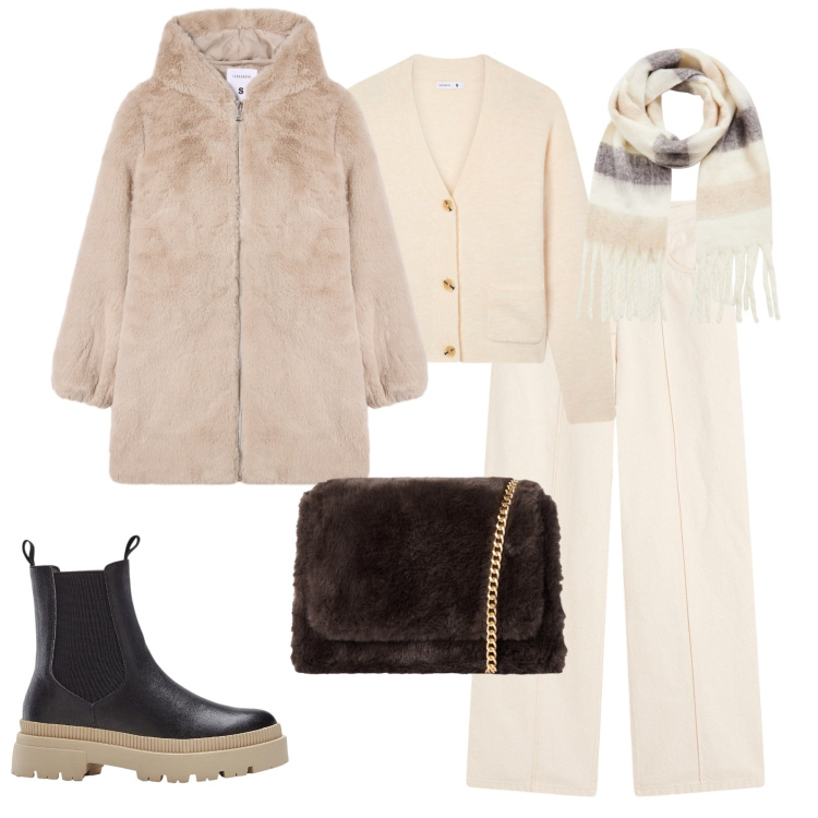 Outfit donna - Il cappotto coccoloso. Stile Casual chic per Tutti i giorni. Abbinamento con pantaloni, stivaletti chelsea, cappotti, cardigans, sciarpe, borse a tracolla.