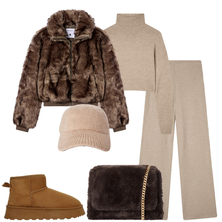 Outfit donna - Novembre. Stile Casual per Tutti i giorni. Abbinamento con pantaloni, maglieria, cappelli con visiera, stivali, ecopellicce, borse a tracolla.