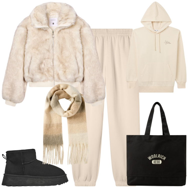 Outfit donna - Relaxing. Stile Casual per Tutti i giorni. Abbinamento con pantaloni, sciarpe, stivaletti, ecopellicce, felpe con cappuccio, borse tote.