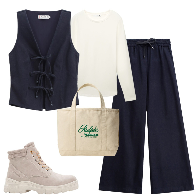 Outfit donna - Please. Stile Casual per Tutti i giorni. Abbinamento con stivaletti, gilet, jeans, t-shirt, borse tote.