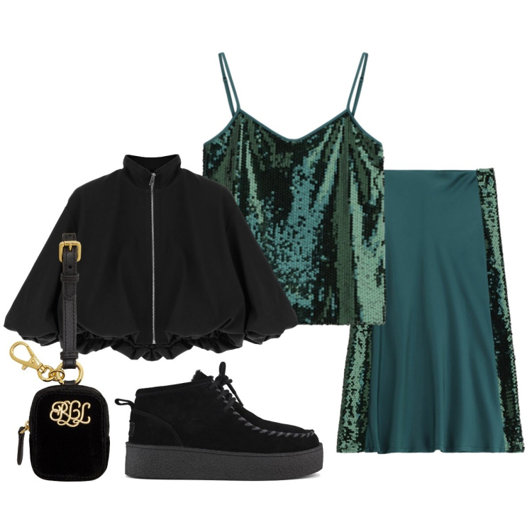 Outfit donna - Serata indimenticabile. Stile Glamour per Serata fuori. Abbinamento con gonne lunghe, top, bomber, pochette, stivaletti.