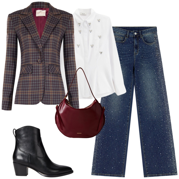 Outfit donna - I jeans strassati. Stile Casual chic per Tutti i giorni. Abbinamento con blazer, borse a spalla, camicie, jeans, stivaletti.