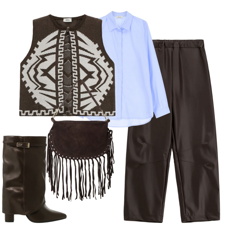 Outfit donna - Estrosa. Stile Casual chic per Tutti i giorni. Abbinamento con stivali, borse a tracolla, gilet, camicie, pantaloni.