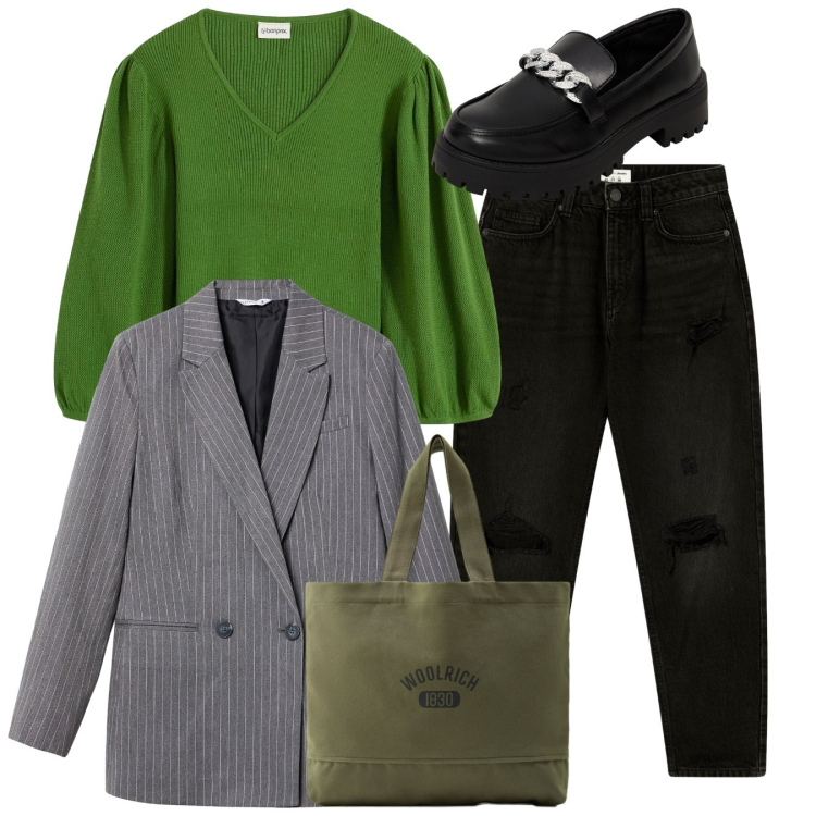 Outfit donna - Gessato. Stile Basic per Tutti i giorni. Abbinamento con maglieria, jeans mom, mocassini, blazer, borse tote.