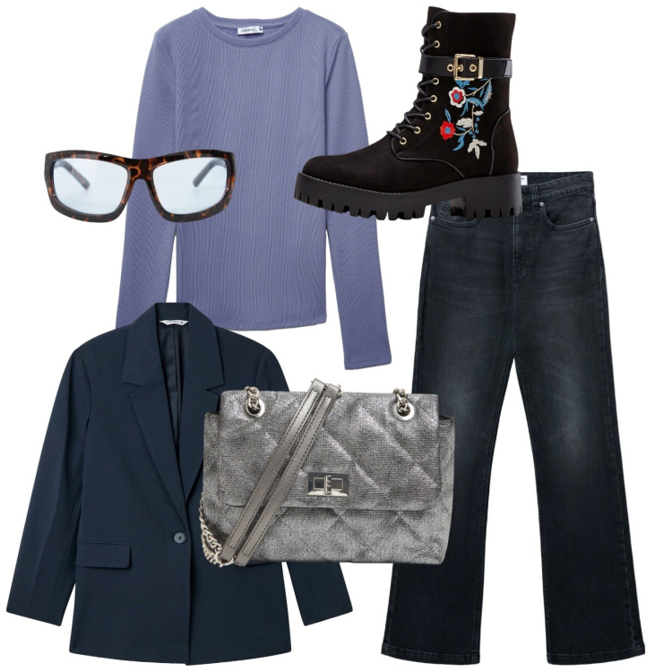 Outfit donna - Basic. Stile Basic per Scuola/Università. Abbinamento con stivali, jeans bootcut, blazer, t-shirt, borse a tracolla, occhiali da sole.